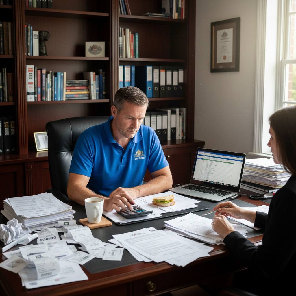 NSW builder at desk with CPD receipts and tax documents — self-education deduction — Builders CPD Online RTO 91528