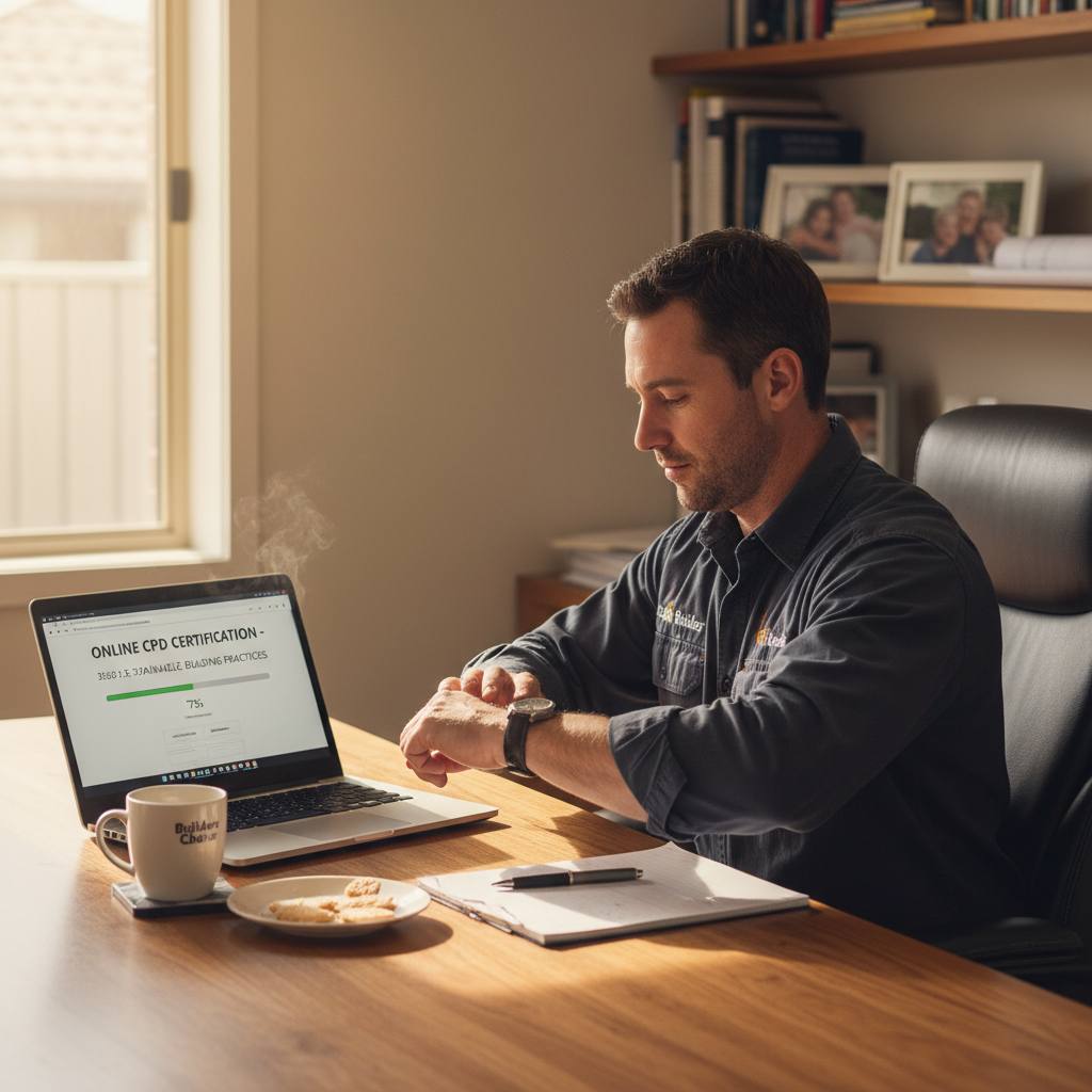 NSW builder completing CPD course on laptop at home office — self-paced online learning — Builders CPD Online RTO 91528