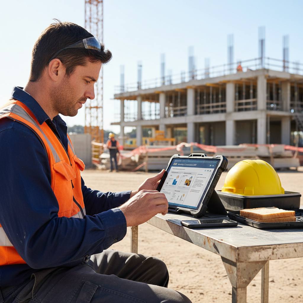 NSW builder on tablet completing CPD course at construction site lunch break — flexible CPD online — RTO 91528