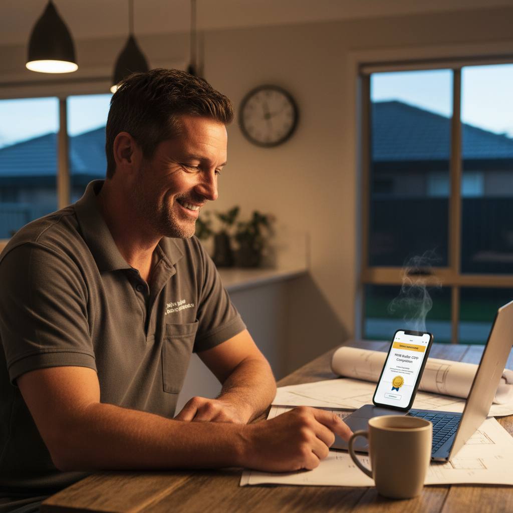 NSW builder receiving instant CPD certificate on smartphone — Builders CPD Online RTO 91528