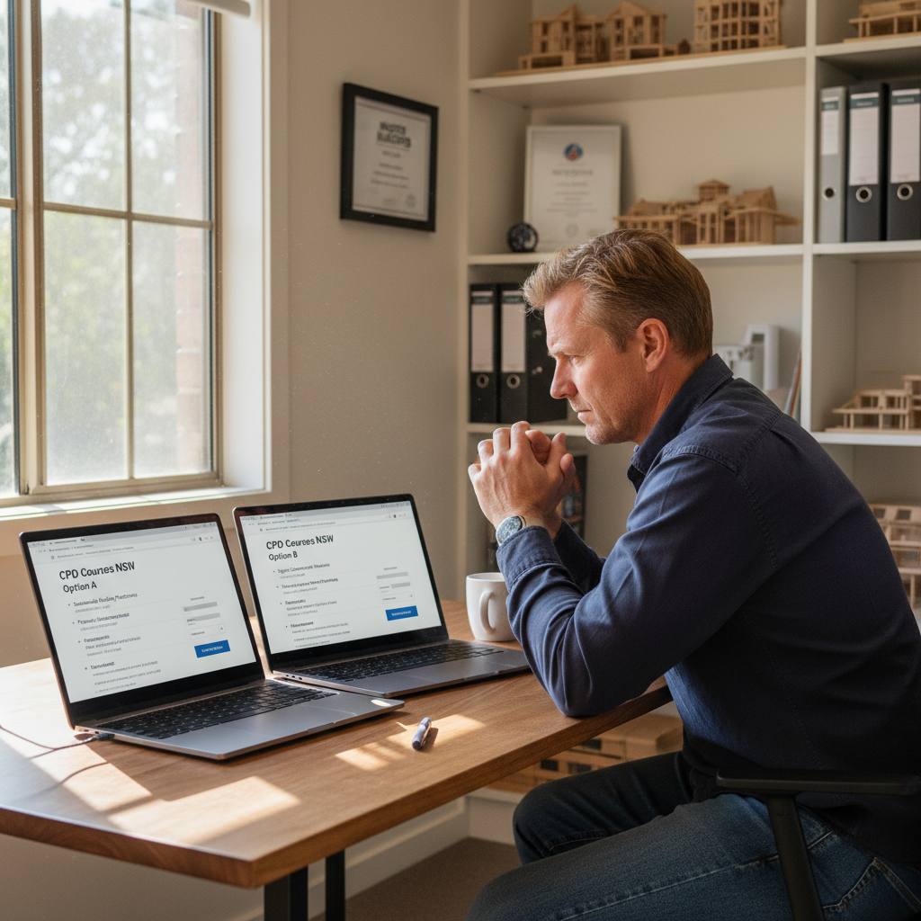 NSW builder comparing CPD course options on two laptops — choosing learning areas — RTO 91528