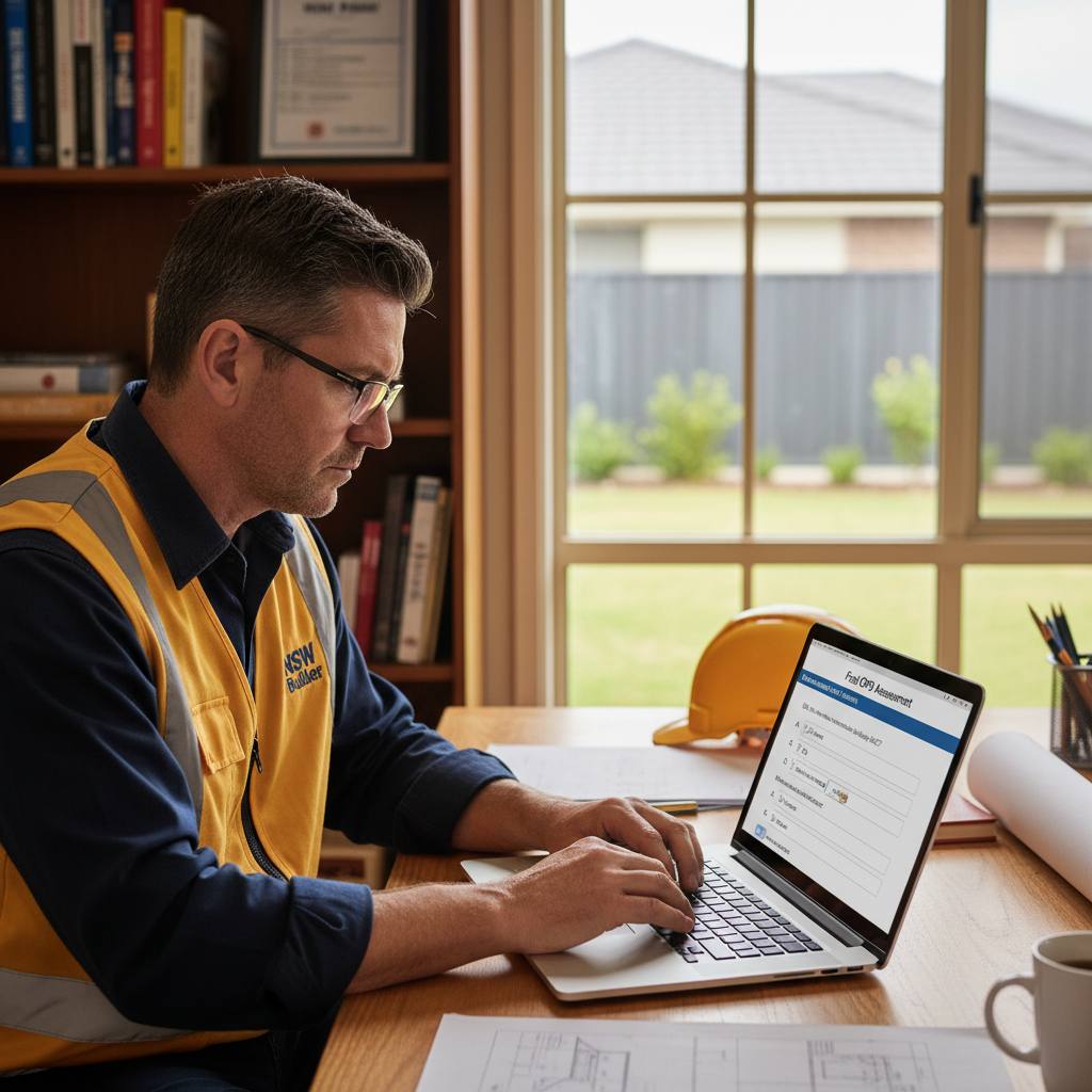 NSW builder completing final CPD course quiz on laptop — all learning areas done — RTO 91528