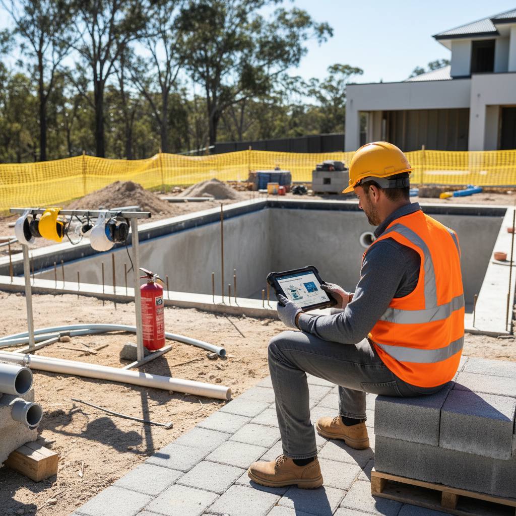NSW pool builder completing CPD on tablet at construction site — pool and spa CPD learning areas — RTO 91528