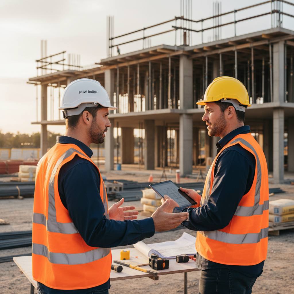 NSW builder discussing training with employer on building site — CPD requirements — Builders CPD Online RTO 91528