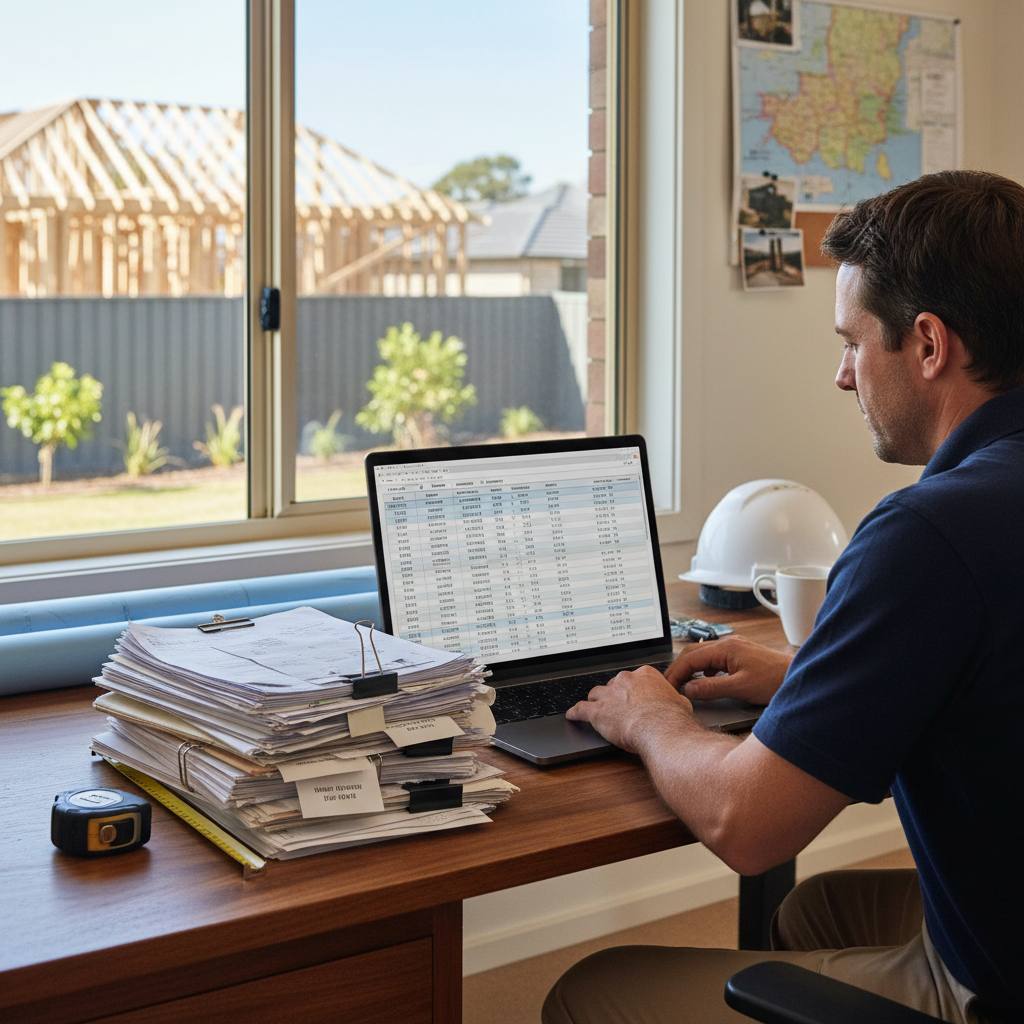 Builder reviewing construction project budget on laptop — financial management CPD NSW — RTO 91528
