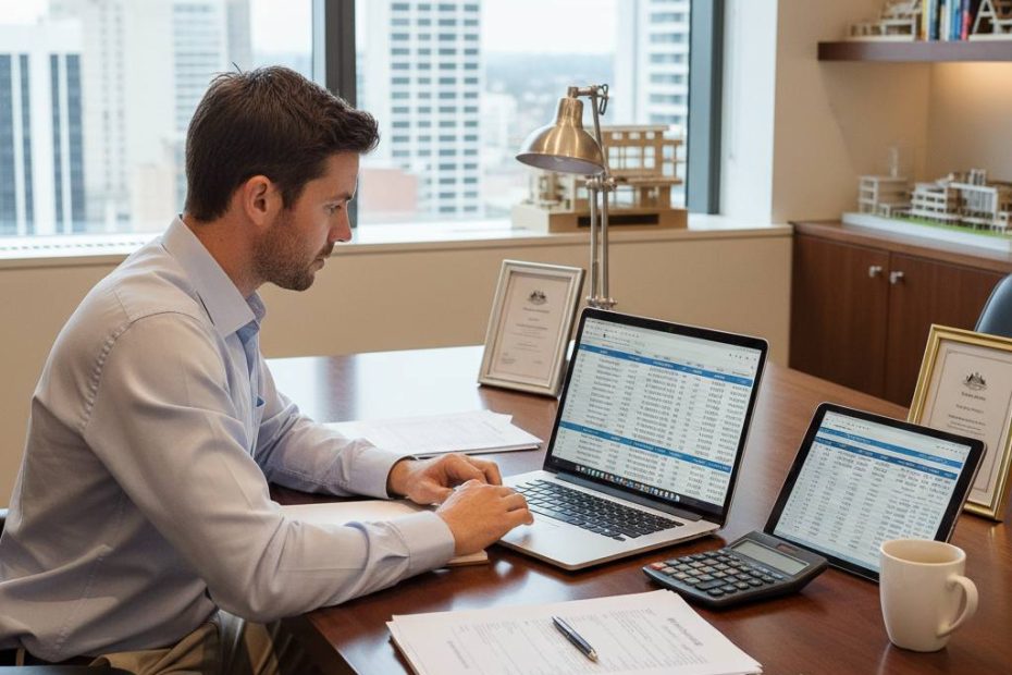 NSW licensed builder reviewing financial statements at office desk — financial management CPD — Builders CPD Online RTO 91528