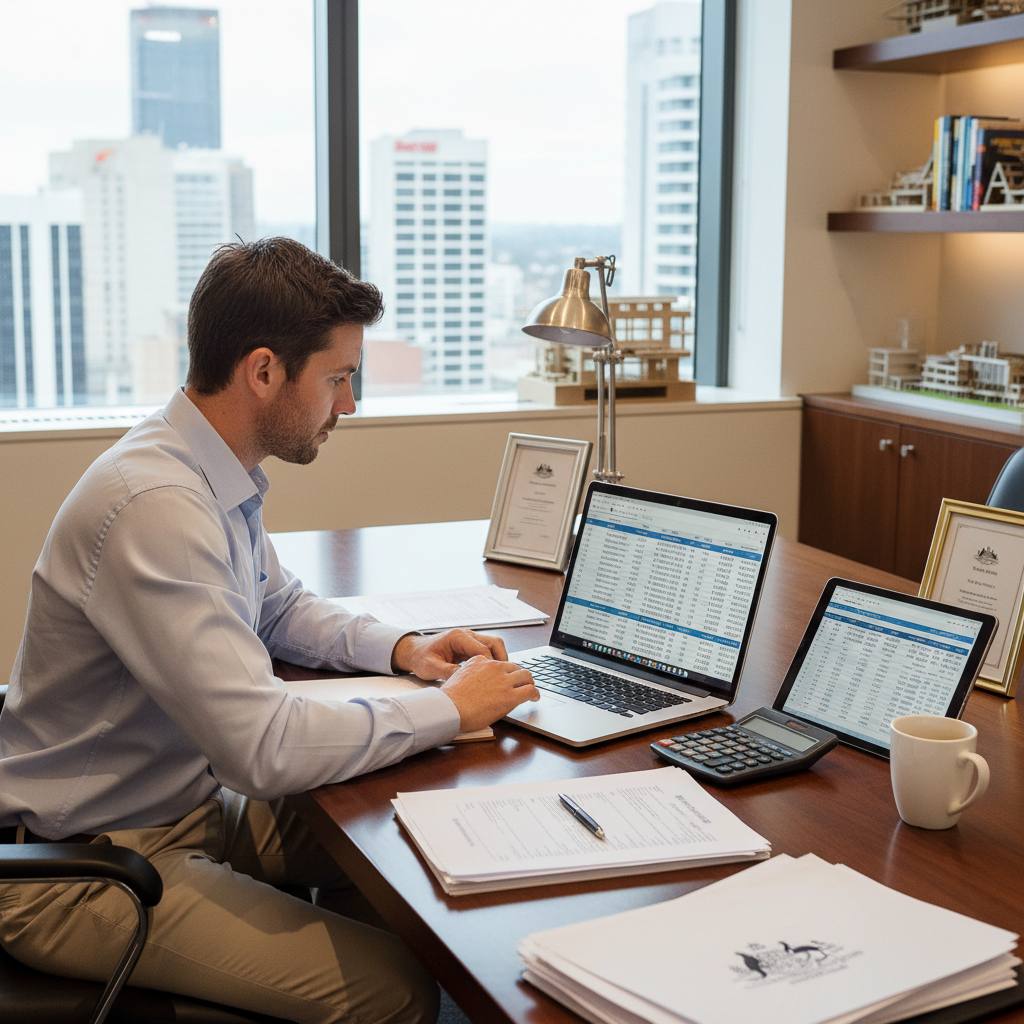 NSW licensed builder reviewing financial statements at office desk — financial management CPD — Builders CPD Online RTO 91528