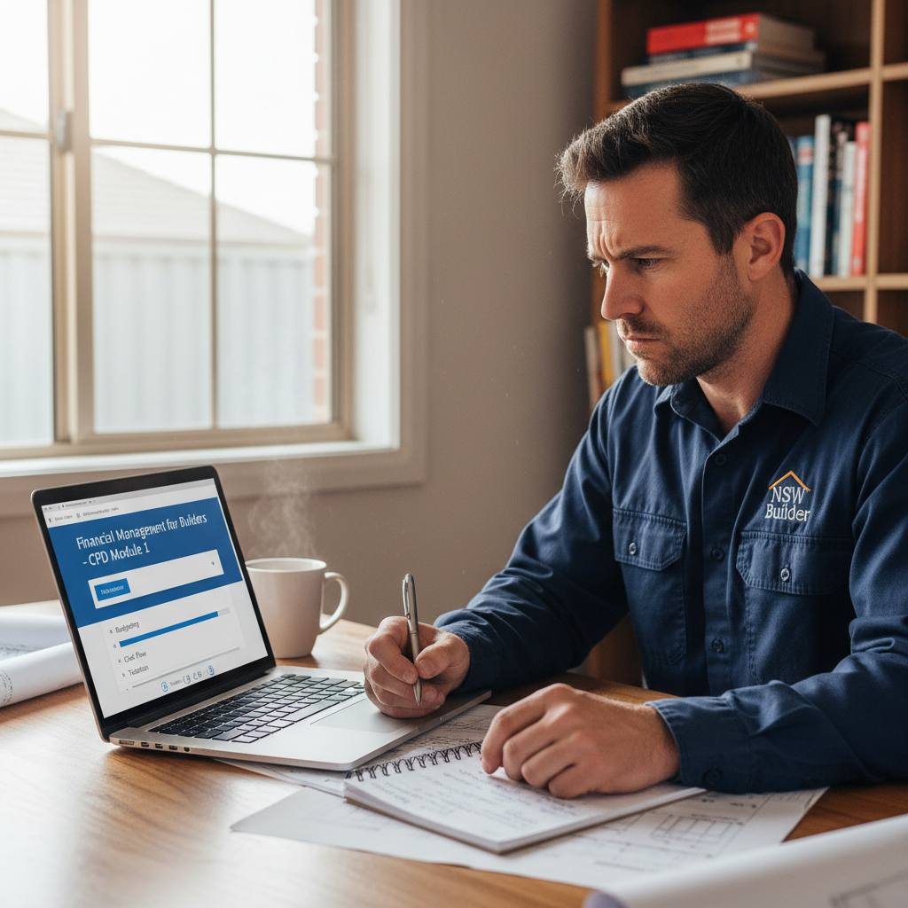NSW builder completing online financial management CPD course on laptop — Builders CPD Online RTO 91528