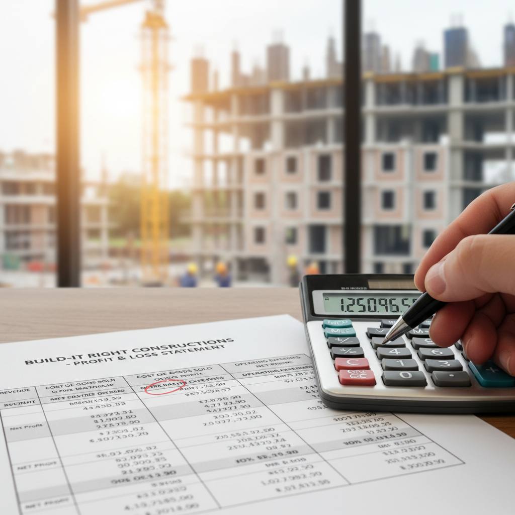 Building business profit and loss statement on desk — financial management CPD NSW builder — RTO 91528