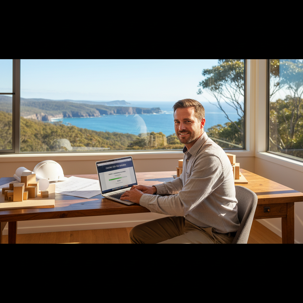 Tasmania builder completing online CPD course from home office — Builders CPD Online RTO 91528