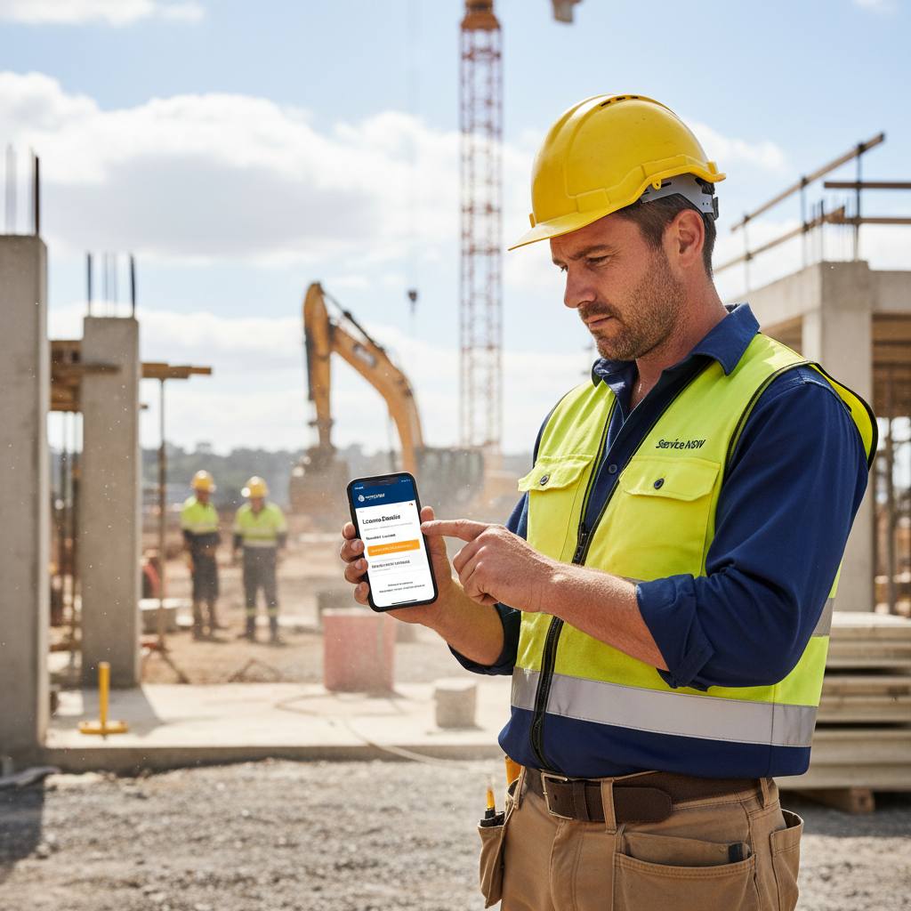 NSW builder checking licence expiry date on phone at building site — RTO 91528