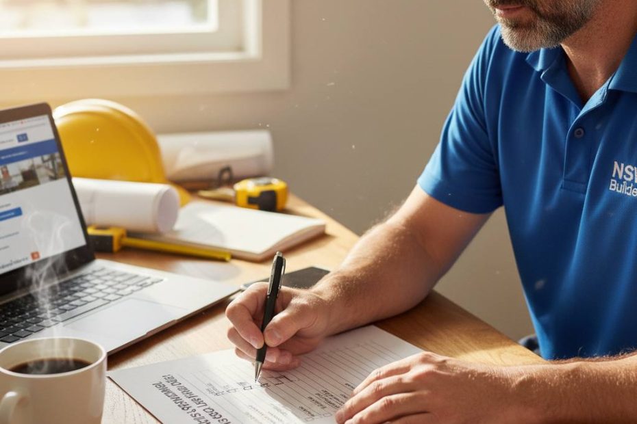 NSW builder completing step-by-step licence renewal checklist — Builders CPD Online RTO 91528