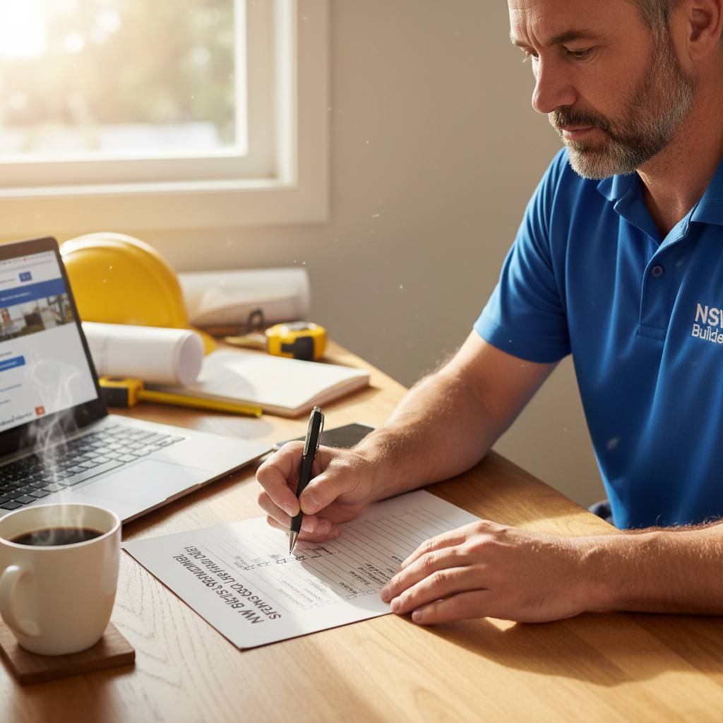 NSW builder with licence renewal checklist at desk — step by step process — Builders CPD Online RTO 91528