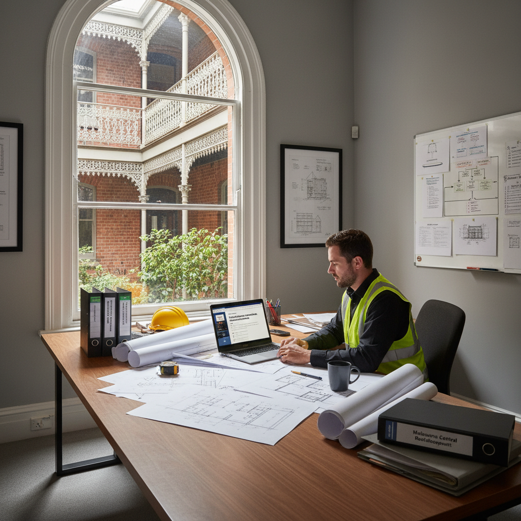 Melbourne builder completing online CPD course on laptop — Builders CPD Online RTO 91528