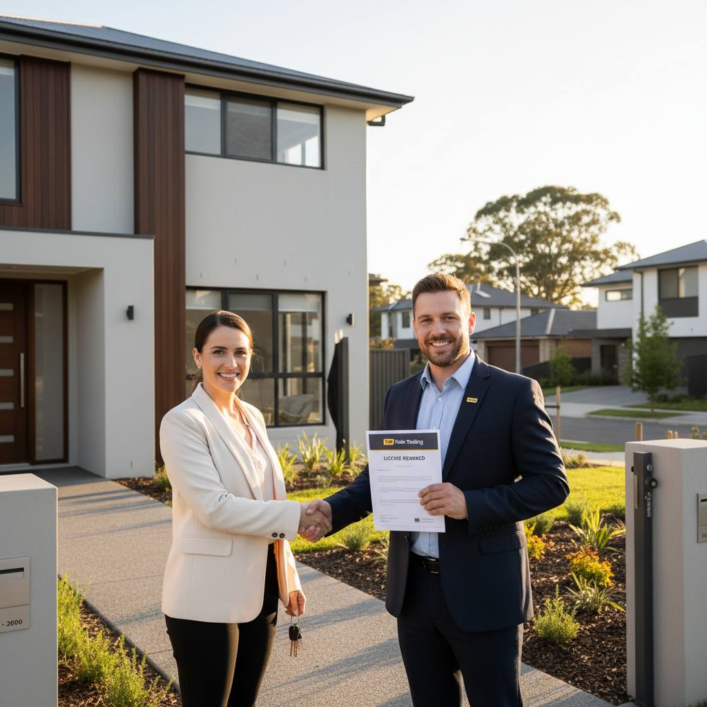 NSW licensed builder with renewed contractor licence shaking hands with client outside completed home