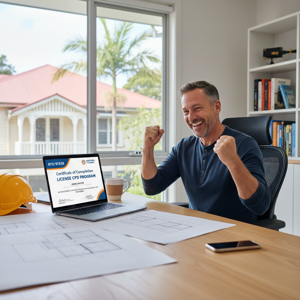 NSW builder showing CPD completion certificate on screen — Builders CPD Online RTO 91528