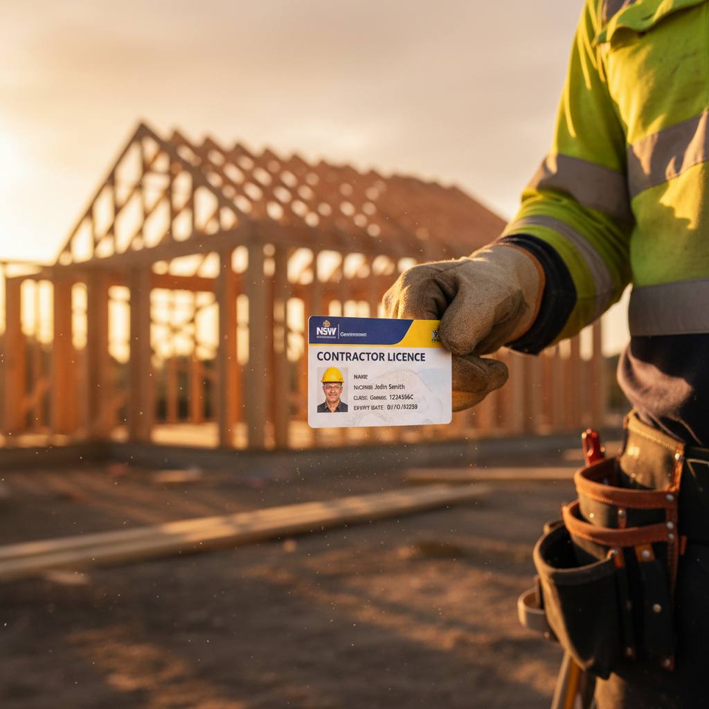 NSW contractor licence card held by licensed residential builder on construction site — licence renewal NSW