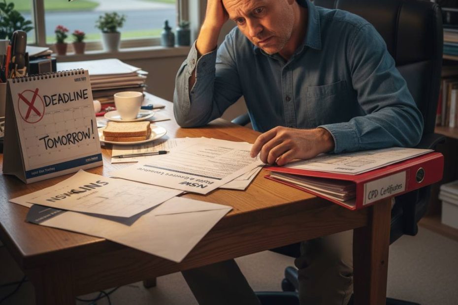 NSW builder worried at desk about licence renewal without CPD completed — Builders CPD Online RTO 91528