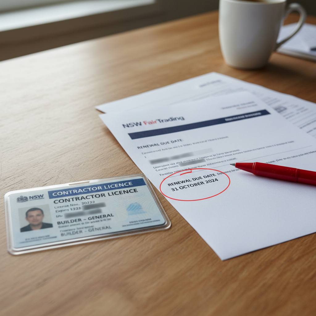 NSW contractor licence card beside renewal notice — CPD deadline — Builders CPD Online