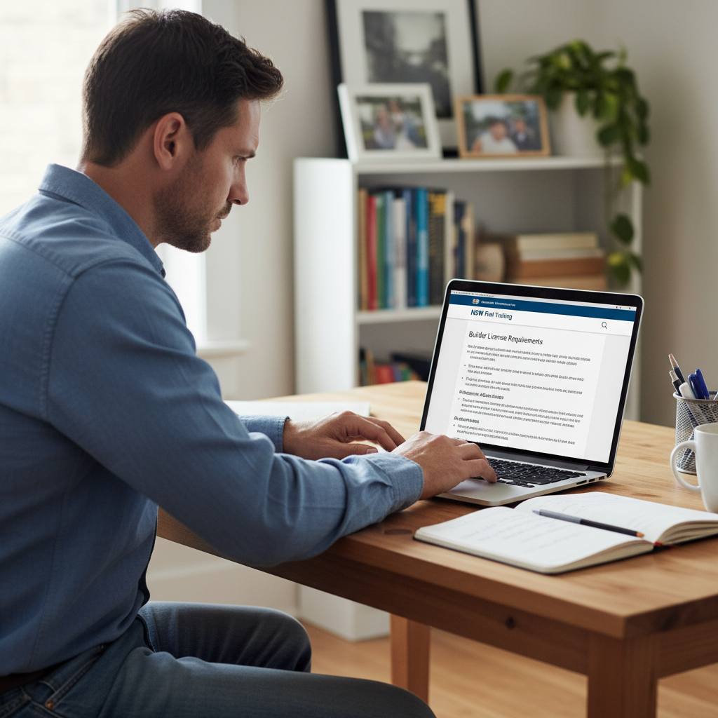 NSW builder researching contractor licence requirements on Fair Trading website — RTO 91528