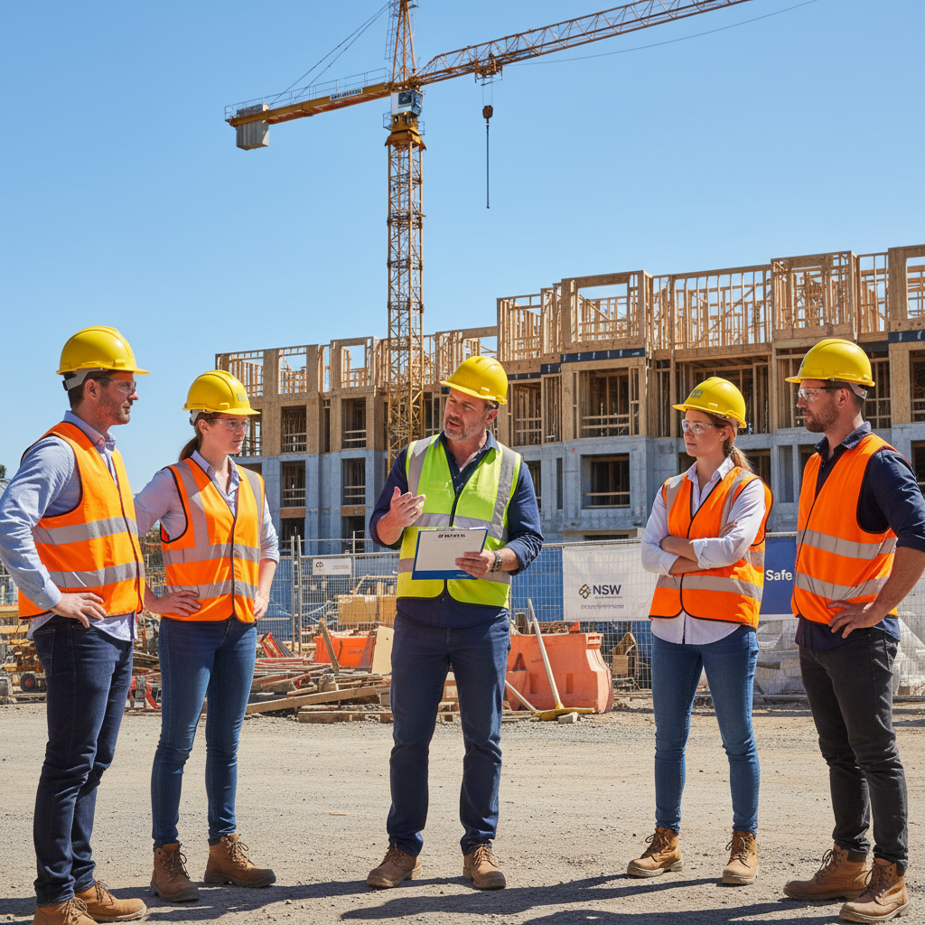 NSW builder conducting WHS safety briefing on residential construction site — Builders CPD Online RTO 91528