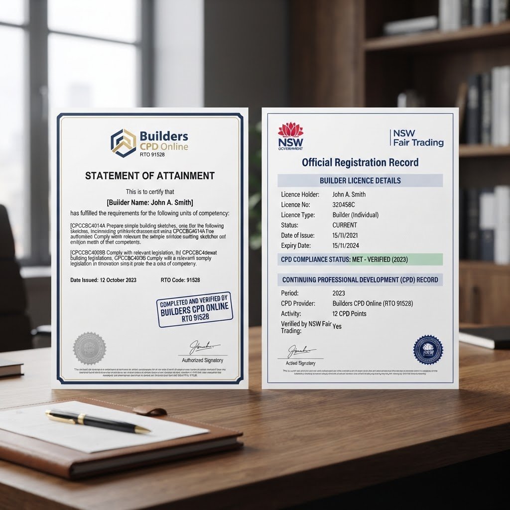 Builders CPD Online certificate and NSW Fair Trading official registration document side by side - RTO certificate vs Fair Trading record