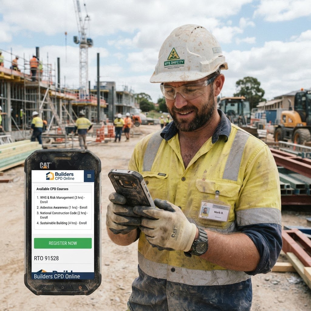 Builders CPD Online course enrollment on mobile — NSW builder in field using phone
