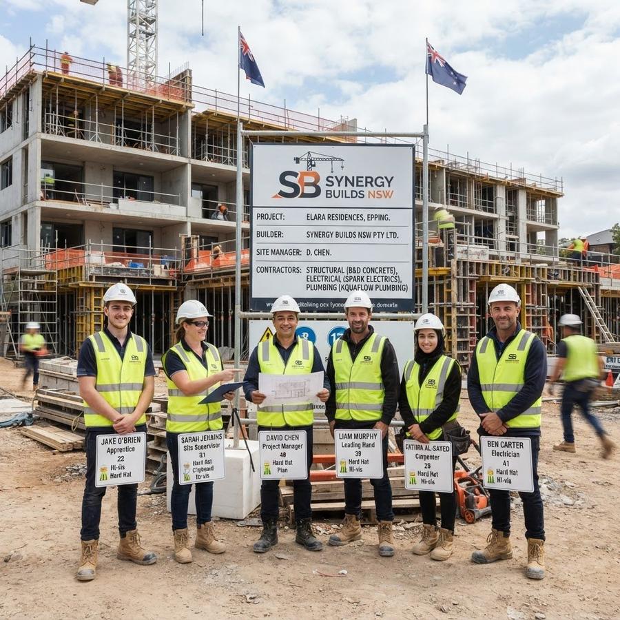 Construction company team on building site — contractors working under company contractor licence NSW — site supervision