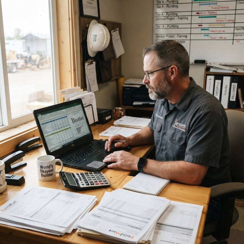 NSW builder reviewing business management CPD financial documents — RTO 91528