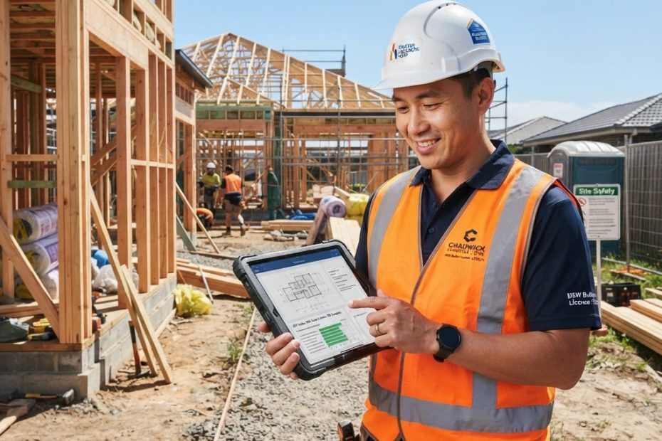NSW contractor reviewing licence compliance rules on a construction site - Builders CPD Online RTO 91528