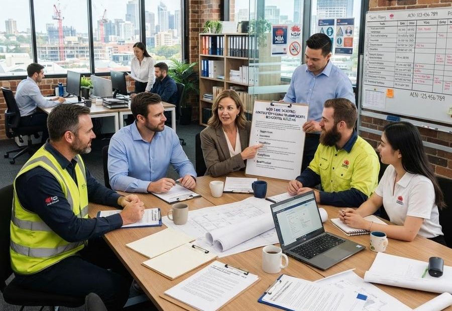 NSW construction company meeting discussing contractor licence — nominated supervisor requirements — Fair Trading compliance — Builders CPD Online RTO 91528