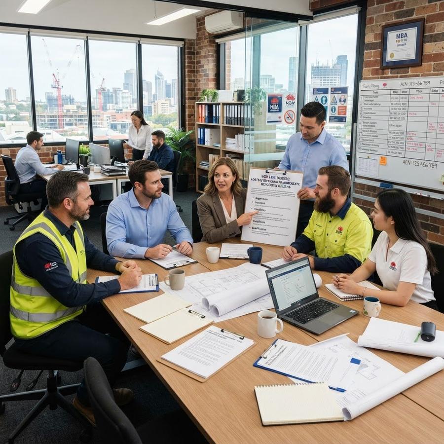 NSW construction company meeting discussing contractor licence structure — nominated supervisor and company directors — Fair Trading compliance