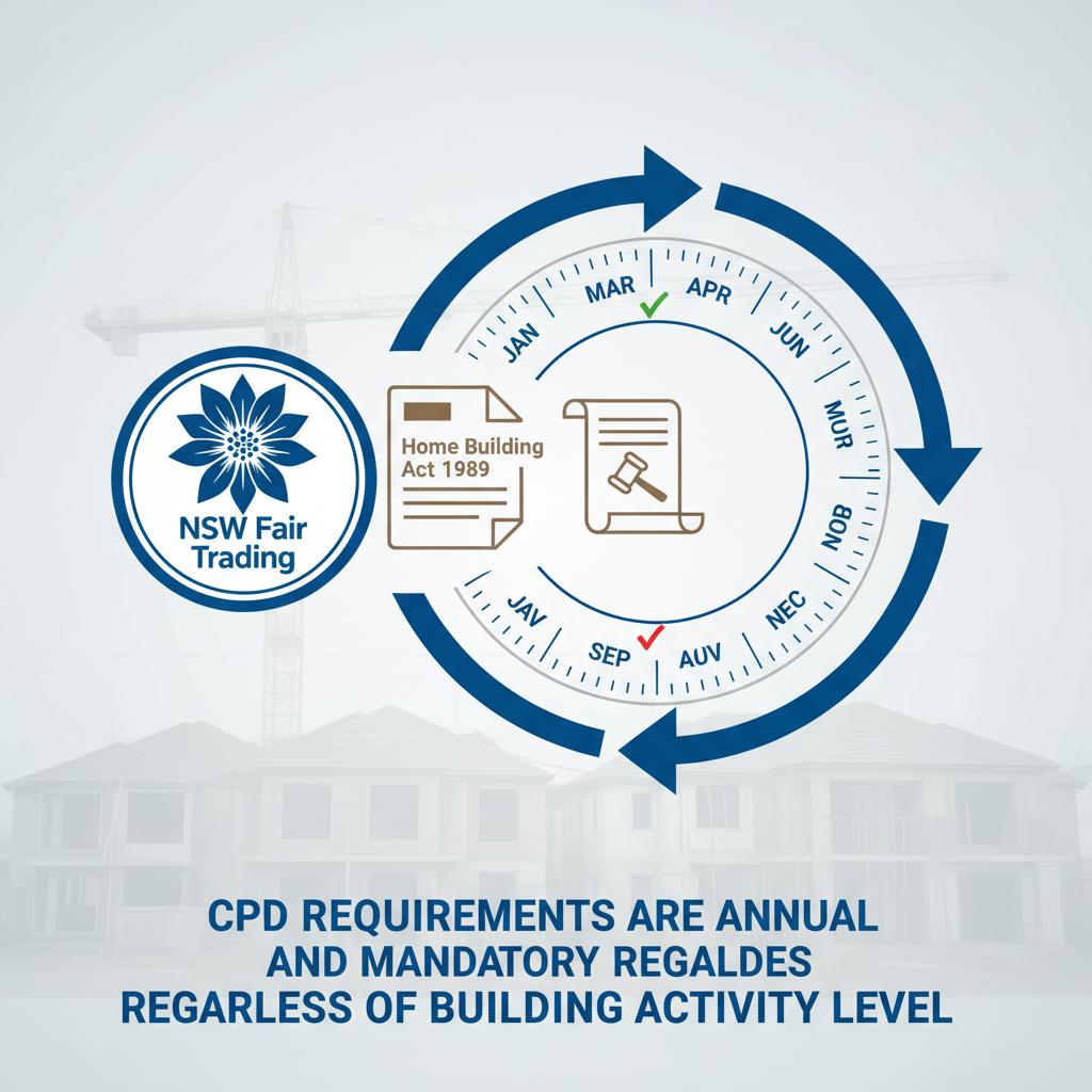 NSW Fair Trading annual CPD cycle — 12 points required every year regardless of building activity level
