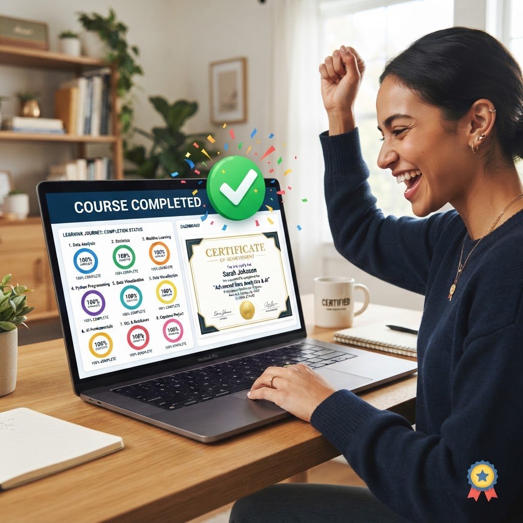 CPD certificate and completion checkmark — all 8 learning areas completed, RTO 91528
