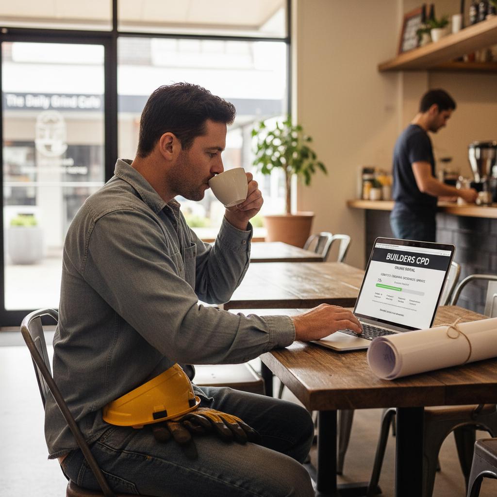 NSW builder completing CPD online from cafe during quiet business period — flexible self-paced learning — Builders CPD Online