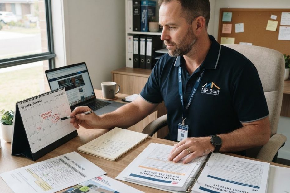 NSW licensed builder checking urgent CPD deadline calendar — Builders CPD Online RTO 91528