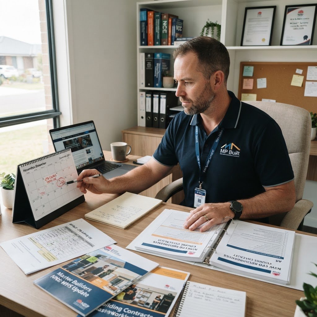 NSW licensed builder checking urgent CPD deadline calendar — Builders CPD Online