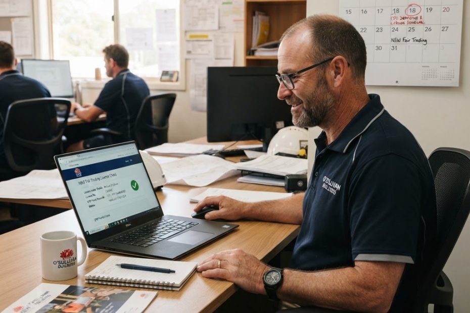 NSW licensed builder reviewing CPD certificate and Fair Trading licence record - CPD points recorded fair trading nsw - Builders CPD Online RTO 91528