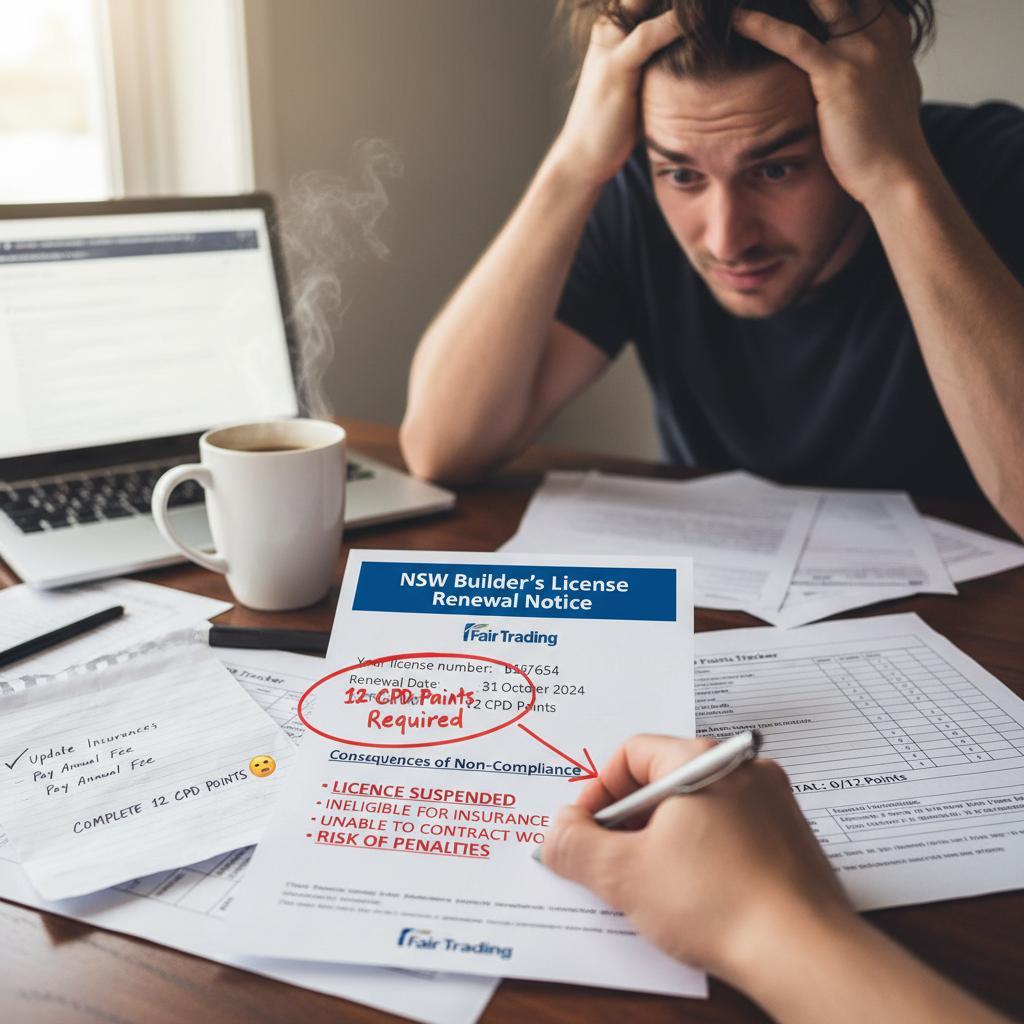 Fair Trading licence renewal notice with CPD points checklist — 12 points mandatory — Builders CPD Online