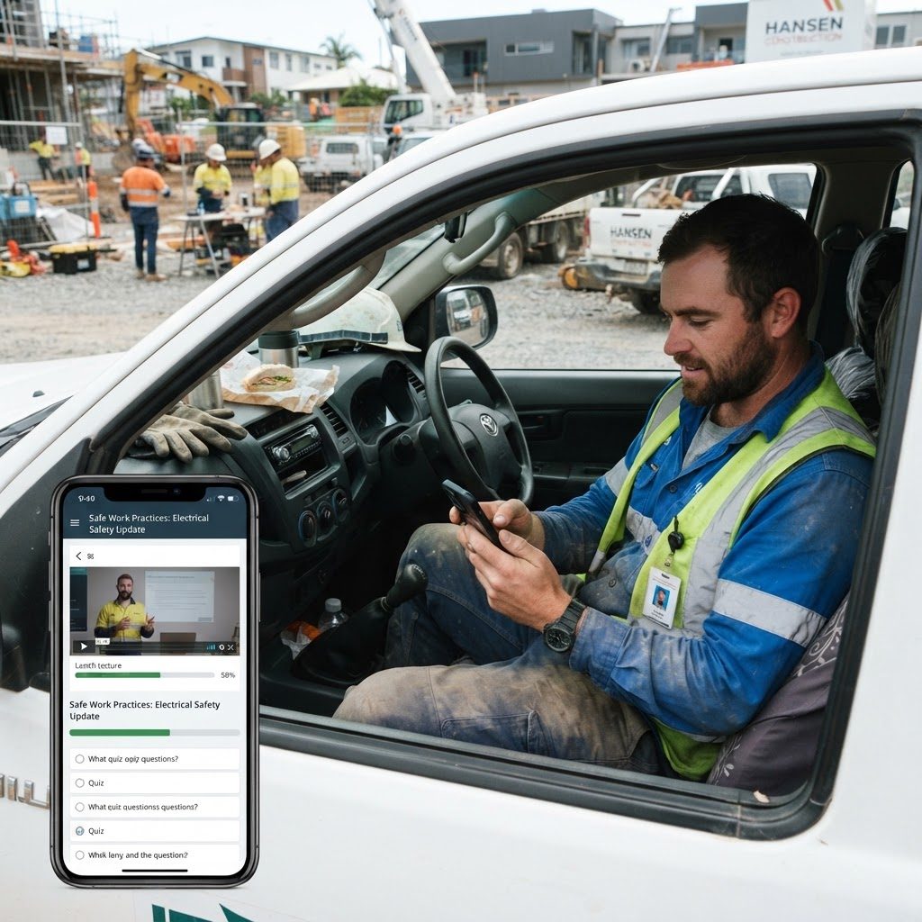 Mobile phone screen showing Builders CPD Online course interface - responsive design for all devices