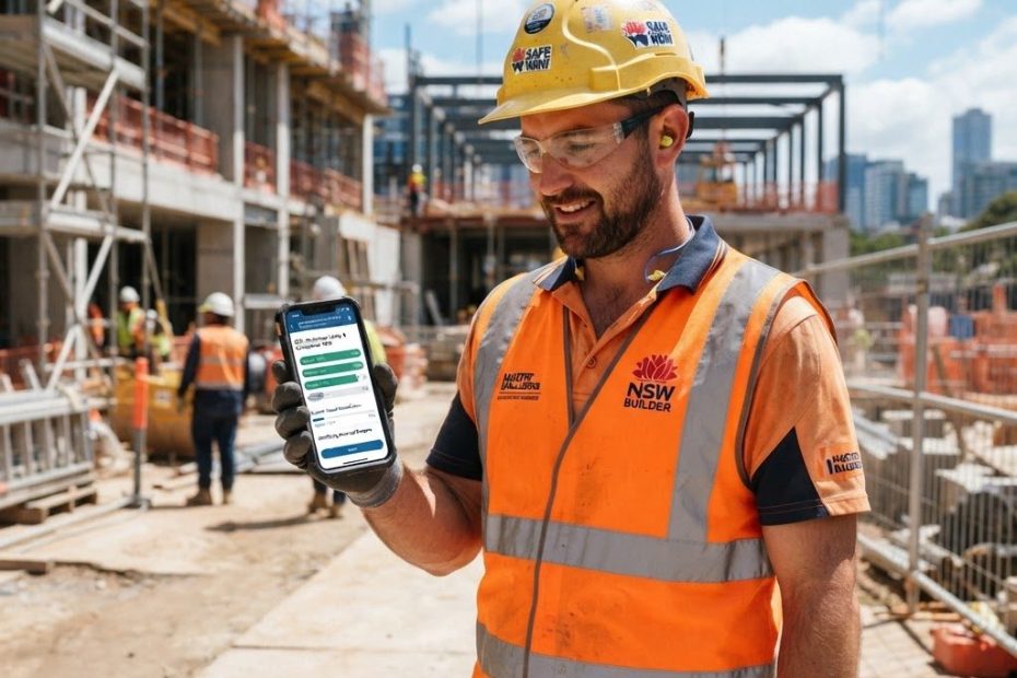 NSW builder completing CPD course on phone during site visit - Builders CPD Online mobile-friendly learning RTO 91528
