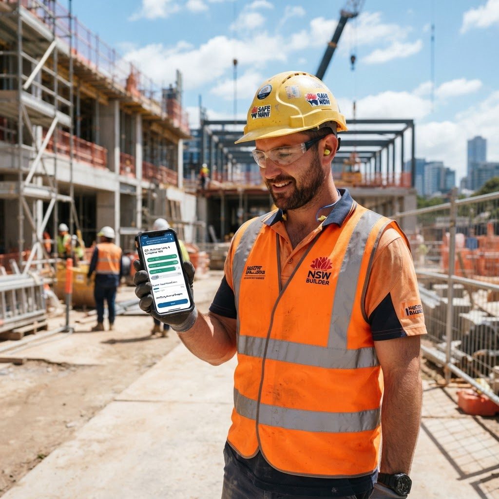 NSW builder completing CPD course on phone during site visit - Builders CPD Online mobile-friendly learning