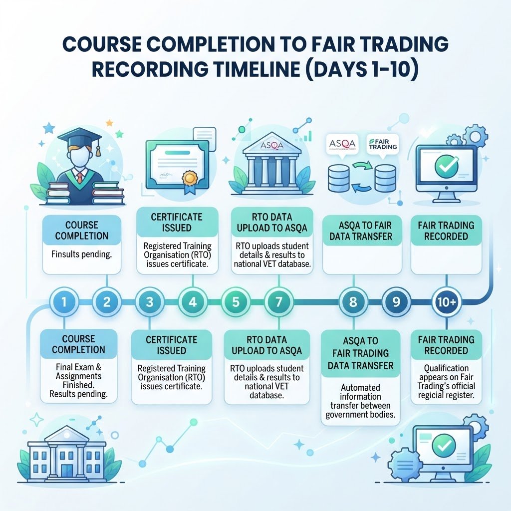 Data flow diagram showing three-stage CPD recording process from course completion to ASQA to Fair Trading - CPD points recorded fair trading nsw - RTO 91528