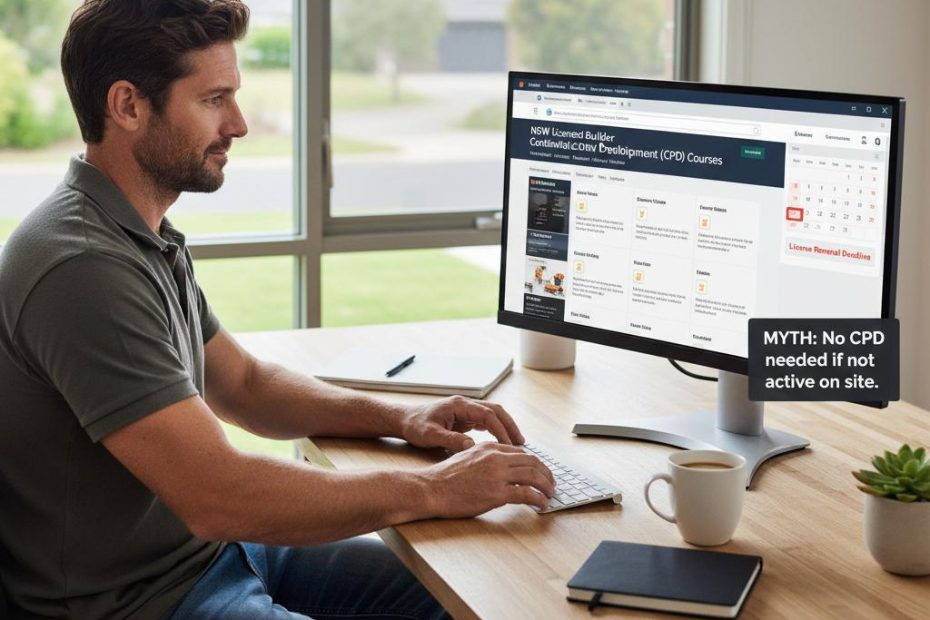 NSW builder at home office desk completing CPD during downtime — Fair Trading compliance requirement — Builders CPD Online RTO 91528