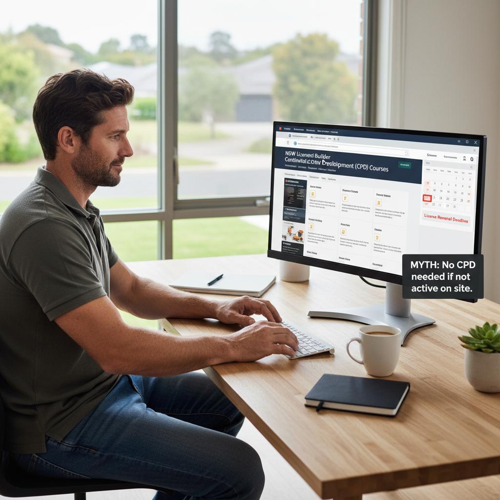 NSW builder at home office desk during downtime — CPD is still required — Builders CPD Online RTO 91528