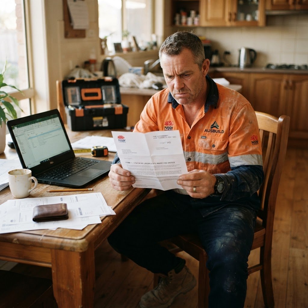 NSW builder reading a Fair Trading compliance notice at his desk — Builders CPD Online