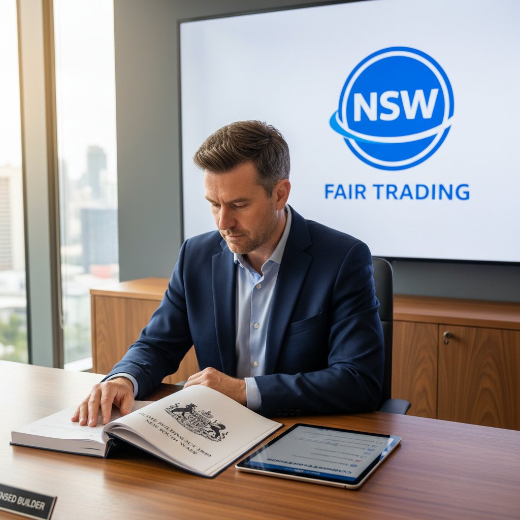 NSW licensed builder reviewing Home Building Act 1989 compliance checklist at desk — Builders CPD Online RTO 91528