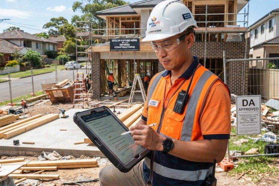 NSW licensed builder holding a tablet and checking CPD points before renewal - Builders CPD Online RTO 91528