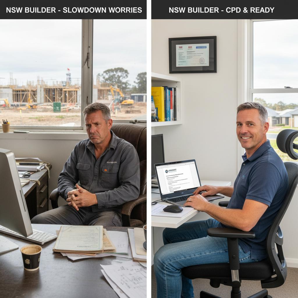 Comparison: inactive builder worried vs active builder prepared for licence renewal with CPD completed
