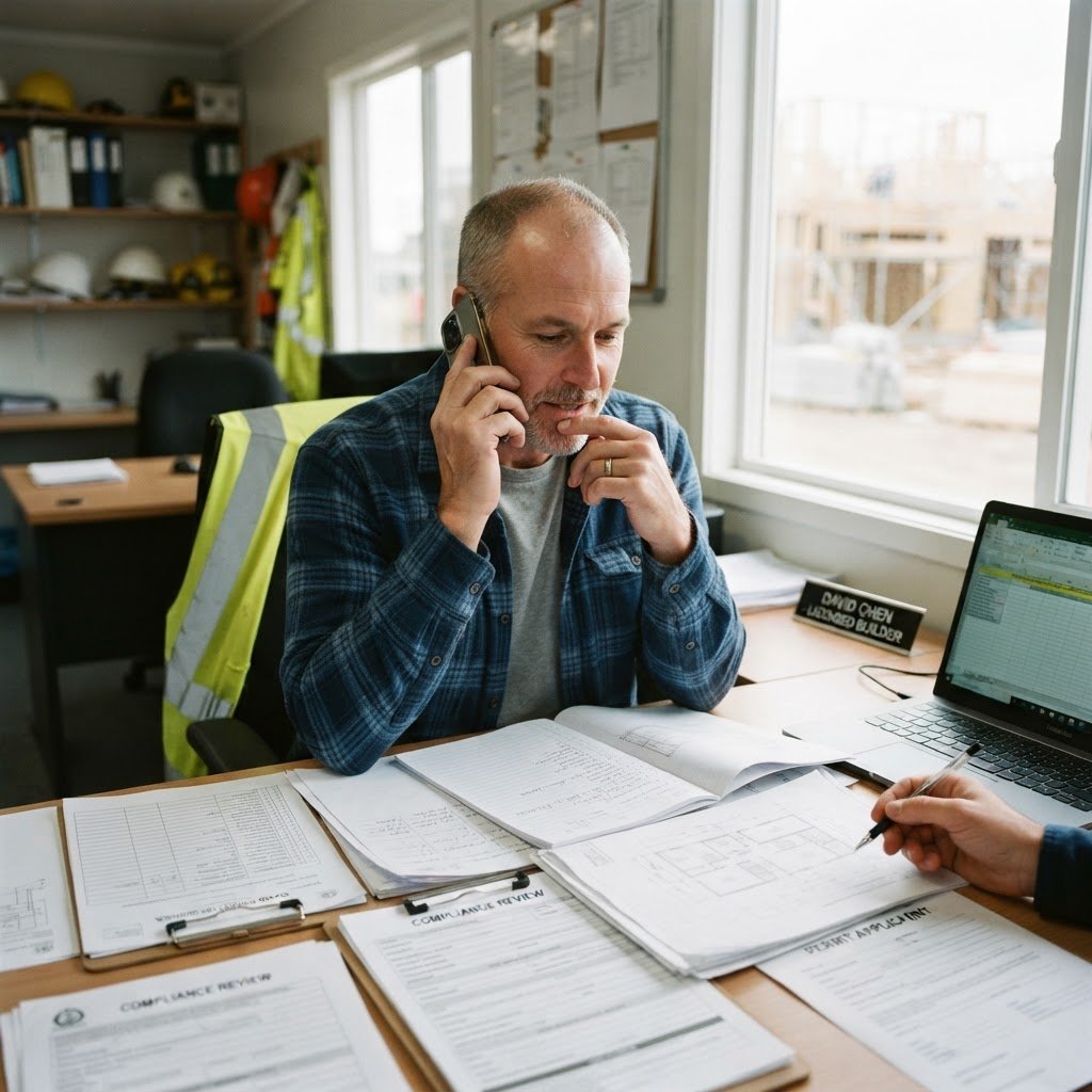 NSW builder on the phone resolving a Fair Trading CPD compliance notice
